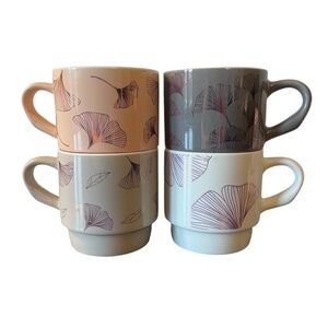 Set of 4 Multicolored Stackable Coffee Mugs Metallic Floral Beach Boho Vibes